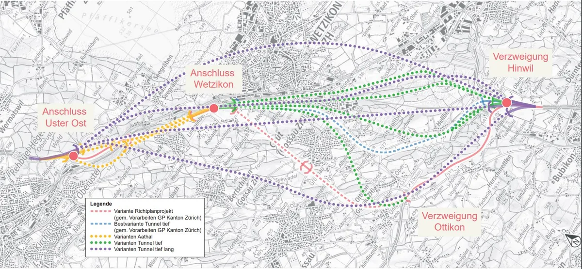 Planung für Lückenschliessung Oberlandautobahn. Autobahn mit allen Varianten, Stand September 2024